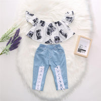Toddler Girls Flying Sleeve Cartoon Printed Off Shoulder Top & Jeans wholesale kids jackets - PrettyKid