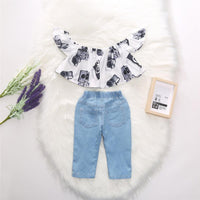 Toddler Girls Flying Sleeve Cartoon Printed Off Shoulder Top & Jeans wholesale kids jackets - PrettyKid