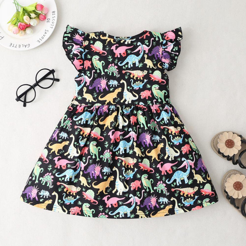 Girls Flying Sleeve Dinosaur Princess Dress Girls Clothing Wholesale - PrettyKid