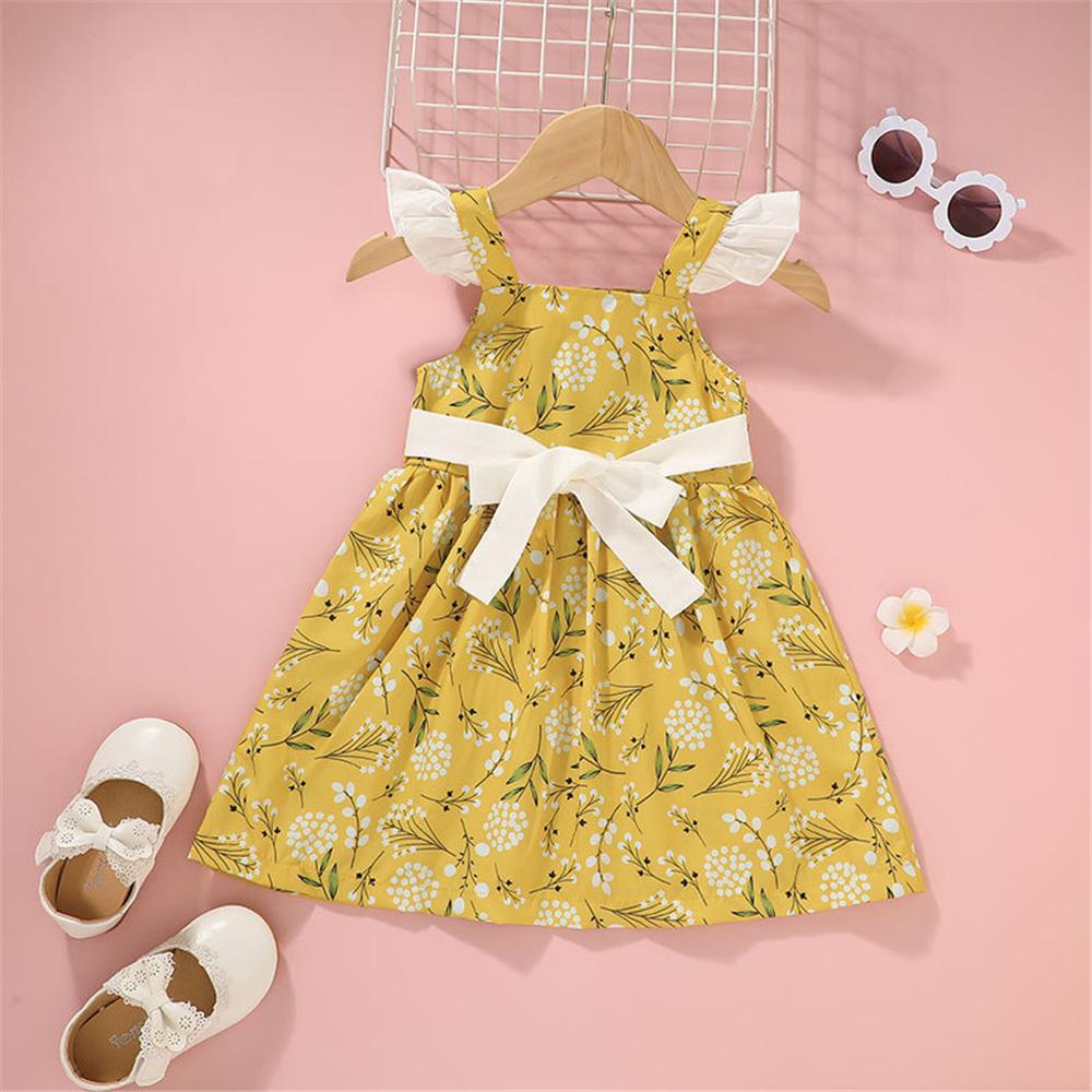 Toddler Girls Flying Sleeve Floral Printed Bow Decor Princess Dress Supplierswholesale little girl dresses - PrettyKid