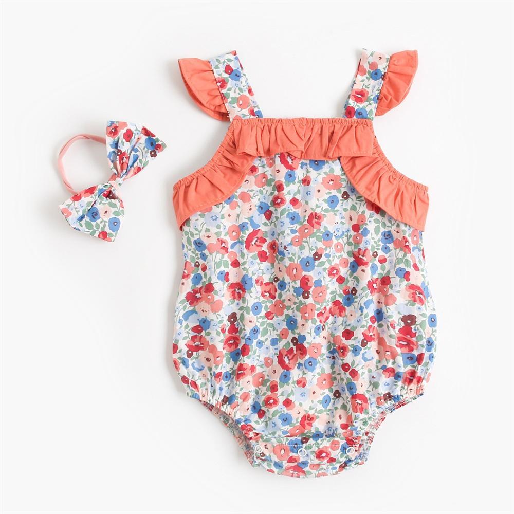 Baby Girls Flying Sleeve Floral Printed Cute Romper baby girl wholesale clothing - PrettyKid