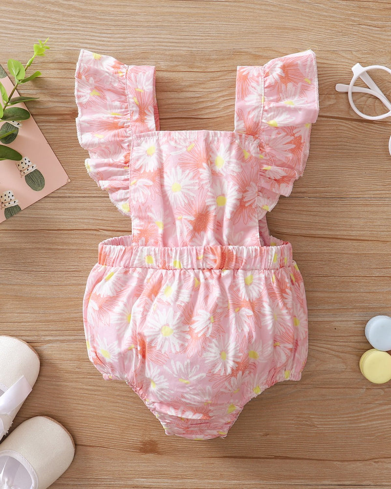 Baby Girls Flying Sleeve Floral Printed Pink Romper bulk buy baby vests - PrettyKid