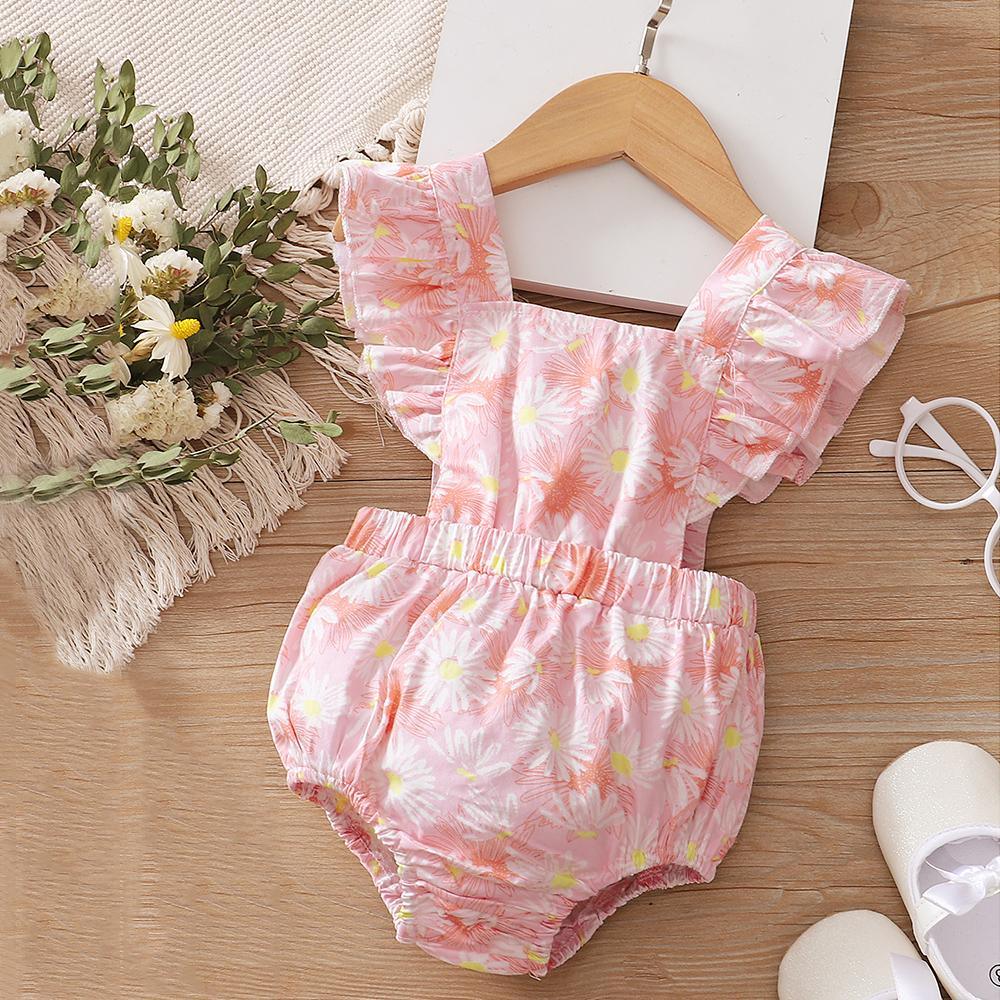 Baby Girls Flying Sleeve Floral Printed Pink Romper bulk buy baby vests - PrettyKid