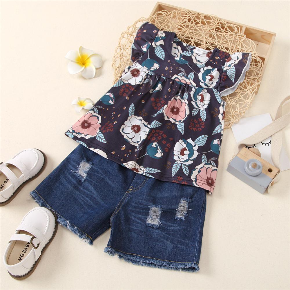Toddler Girls Flying Sleeve Floral Printed Top & Denim Ripped Shorts kids garments wholesale - PrettyKid