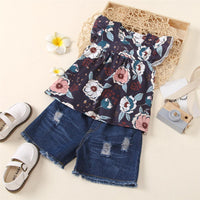 Toddler Girls Flying Sleeve Floral Printed Top & Denim Ripped Shorts kids garments wholesale - PrettyKid