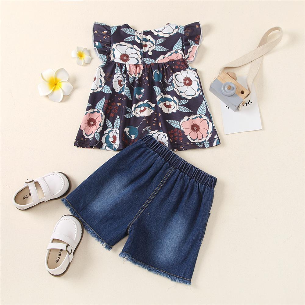 Toddler Girls Flying Sleeve Floral Printed Top & Denim Ripped Shorts kids garments wholesale - PrettyKid