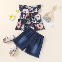 Toddler Girls Flying Sleeve Floral Printed Top & Denim Ripped Shorts kids garments wholesale - PrettyKid
