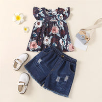 Toddler Girls Flying Sleeve Floral Printed Top & Denim Ripped Shorts kids garments wholesale - PrettyKid
