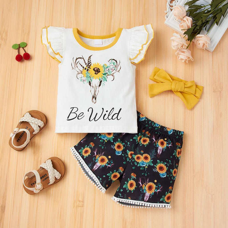 Baby Girls Black Flying Sleeve Romper & Leopard Shorts baby clothes wholesale usa - PrettyKid
