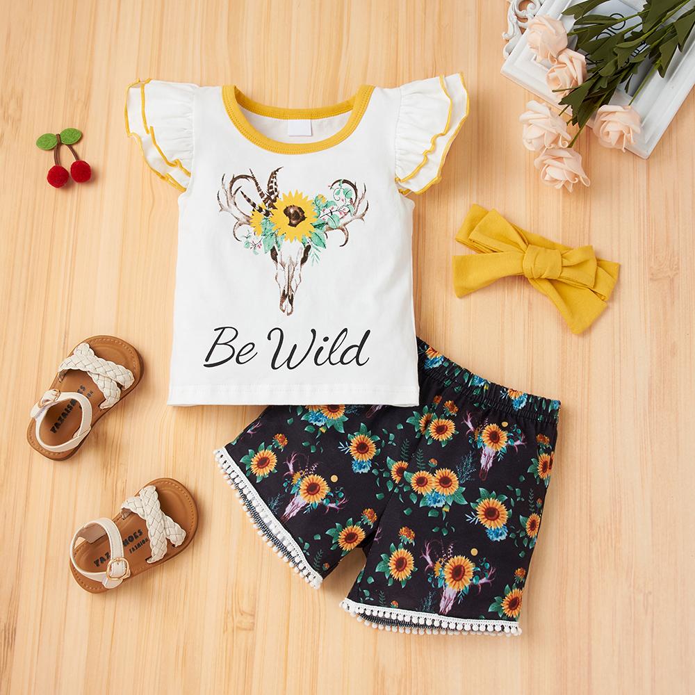 Baby Girls Black Flying Sleeve Romper & Leopard Shorts baby clothes wholesale usa - PrettyKid