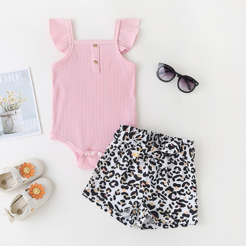 Baby Girls Black Flying Sleeve Romper & Leopard Shorts baby clothes wholesale usa - PrettyKid