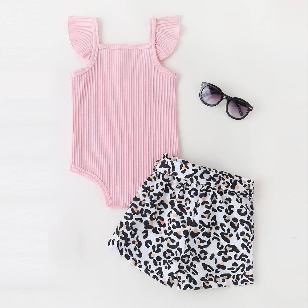 Baby Girls Black Flying Sleeve Romper & Leopard Shorts baby clothes wholesale usa - PrettyKid