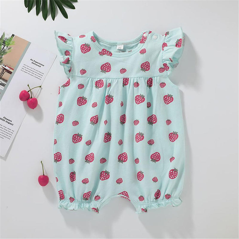 Baby Girls Flying Sleeve Strawberry Printed Romper wholesale baby clothes bulk - PrettyKid