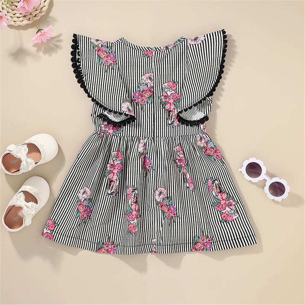 Toddler Girls Flying Sleeve Striped Floral Printed Dresses wholesale kids coats - PrettyKid