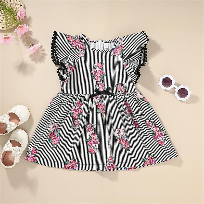 Toddler Girls Flying Sleeve Striped Floral Printed Dresses wholesale kids coats - PrettyKid