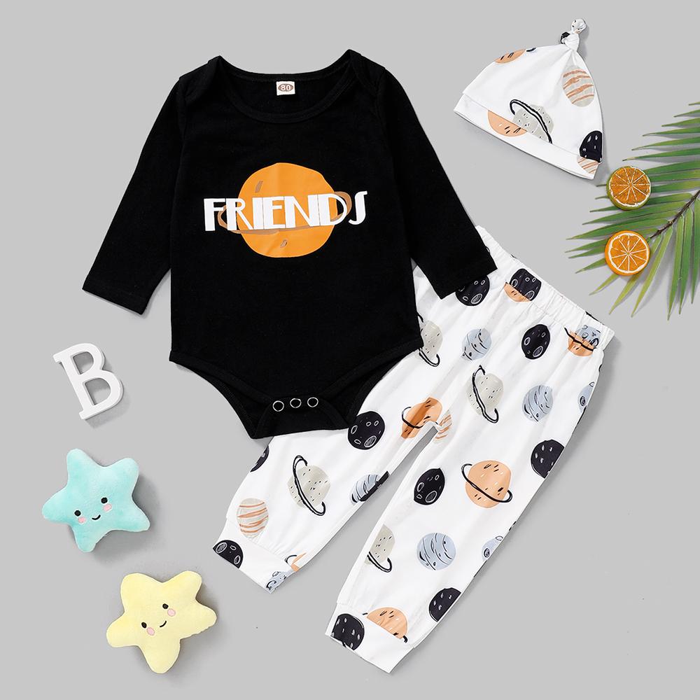Baby Boy Friends Printed Long-Sleeve Romper & Printed Pants & Hat Baby Clothes Warehouse - PrettyKid