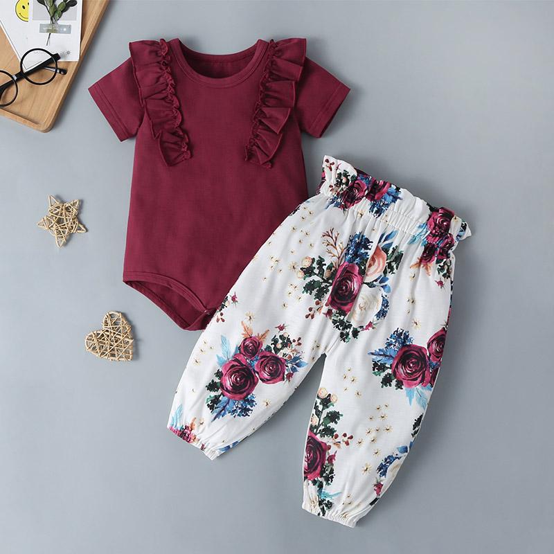 Baby Girls Frill Trim Short Sleeve Bodysuit & Floral Pants - PrettyKid