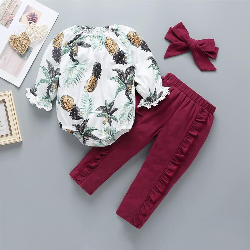 Baby Girls Fruit Print Long Sleeve Bodysuit & Ruffle Pants & Headband - PrettyKid