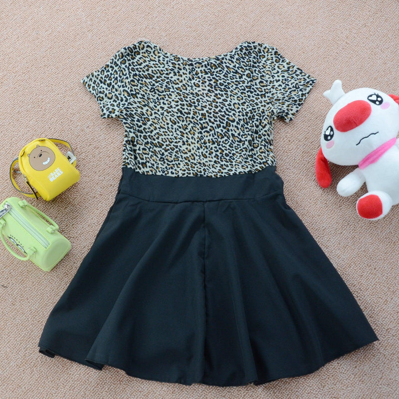 Fashionable Girls Leopard Print Short Sleeve Top & Black Dress - PrettyKid