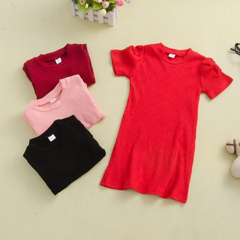 Toddler Girls Long Solid Color Short Sleeve Top Knitted Dress - PrettyKid