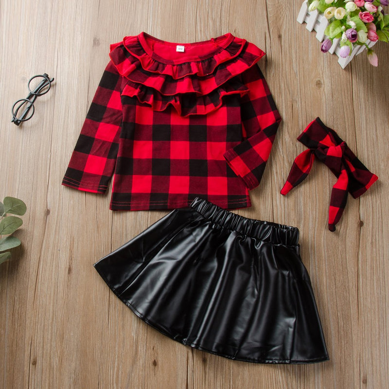 Pleated Collar Plaid Long Sleeve Tops & Leather Skirt - PrettyKid