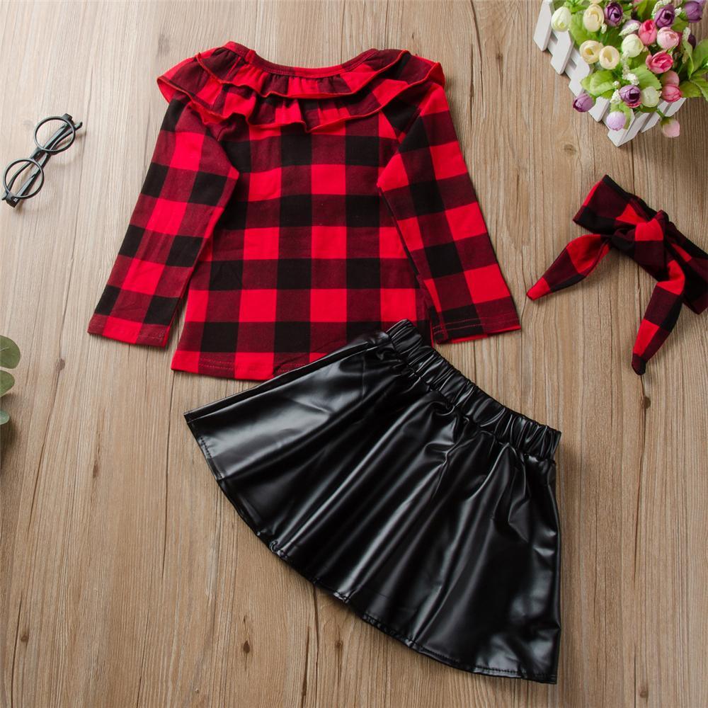 Girls Plaid Long Sleeve Top & PU Skirt & Headband Toddler Girls Wholesale - PrettyKid