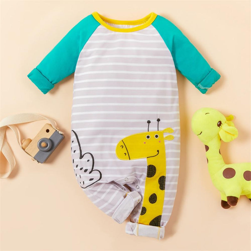 Baby Giraffe Print Striped Long Sleeve Cute Rompers - PrettyKid