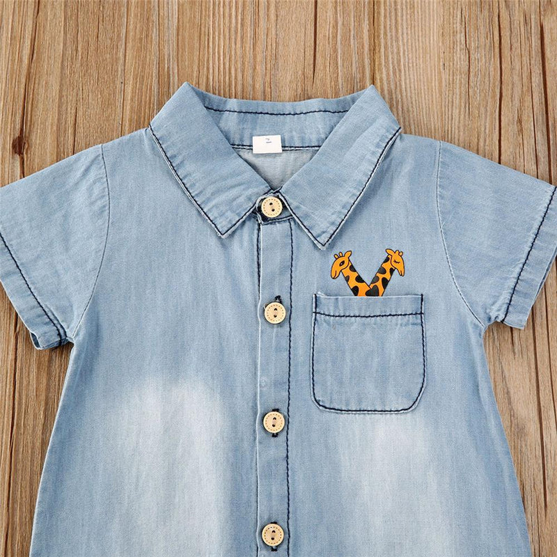 Baby Unisex Giraffe Printed Lapel Cardigan Short Sleeve Denim Romper Cheap Boutique Baby clothes - PrettyKid