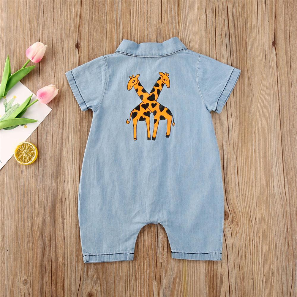 Baby Unisex Giraffe Printed Lapel Cardigan Short Sleeve Denim Romper Cheap Boutique Baby clothes - PrettyKid