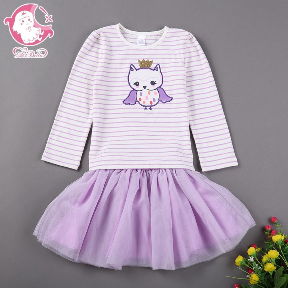 Girls Cartoon Printed Striped Dress Girls Wholesale Dresses - PrettyKid