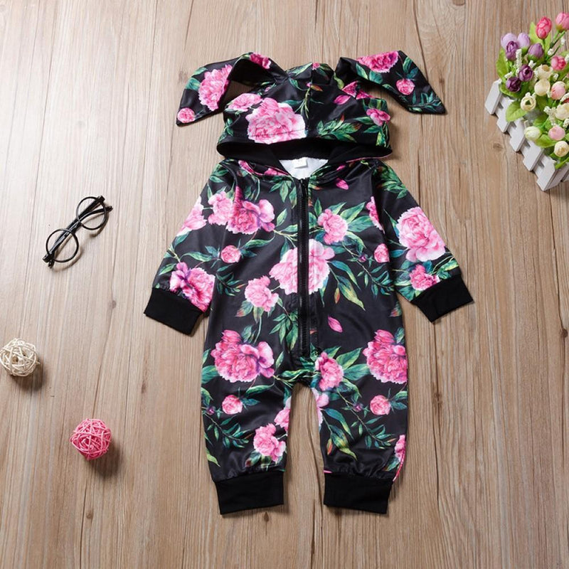 Girls Flowers Printed Hooded Romper Baby Clothing Warehouse - PrettyKid