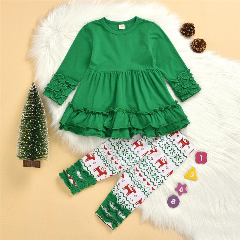 Girls Green Long Sleeve Dress&Printed Elk Pants Wholesale Girls Clothing - PrettyKid
