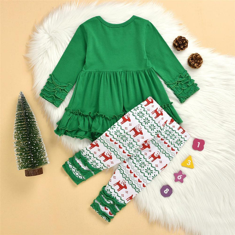 Girls Green Long Sleeve Dress&Printed Elk Pants Wholesale Girls Clothing - PrettyKid