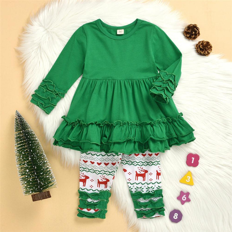 Girls Green Long Sleeve Dress&Printed Elk Pants Wholesale Girls Clothing - PrettyKid