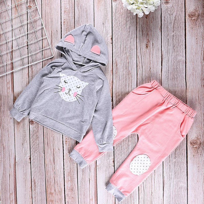 Girls Hooded Cute Long Sleeve Printed Tops&Pants Little Girl Outfits - PrettyKid