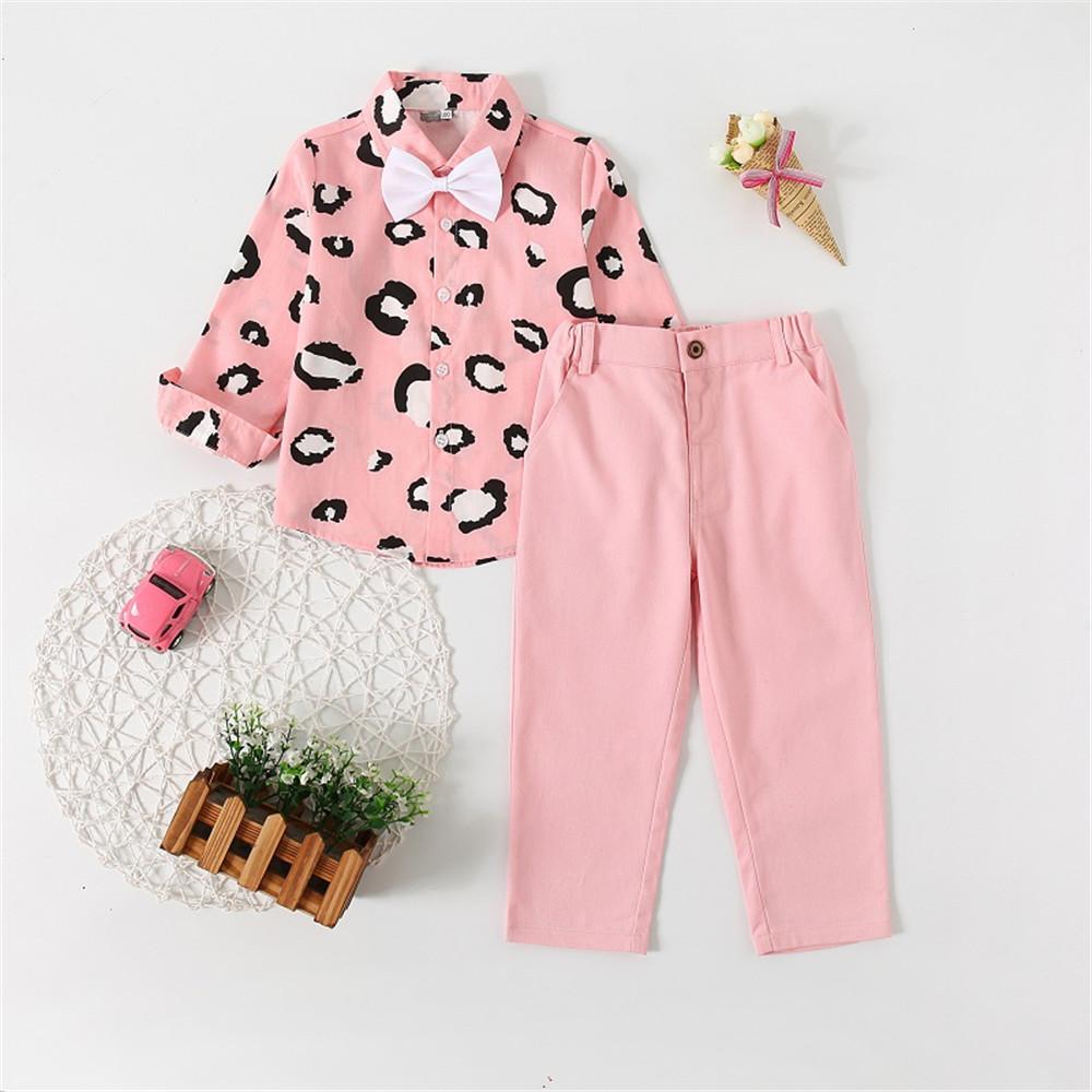 Girls Leopard Bow Decor Pink Shirt & Pants - PrettyKid