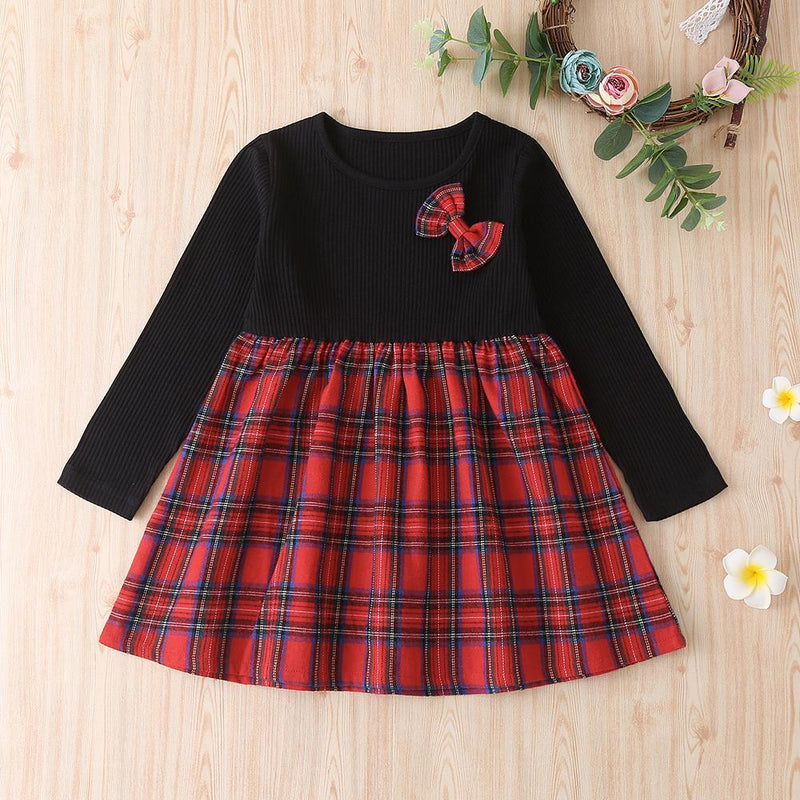 Girls Long Sleeve Bow Plaid Dress Wholesale Girls Clothing - PrettyKid