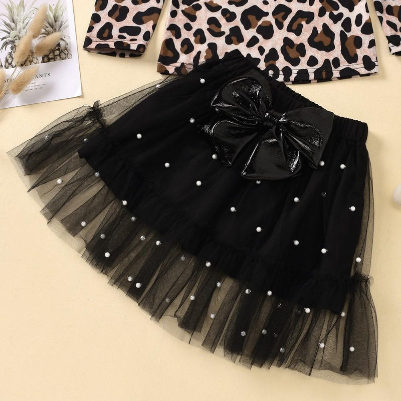 Girls Long Sleeve Leopard Printed Top & Skirts Girls Clothes Wholesale - PrettyKid