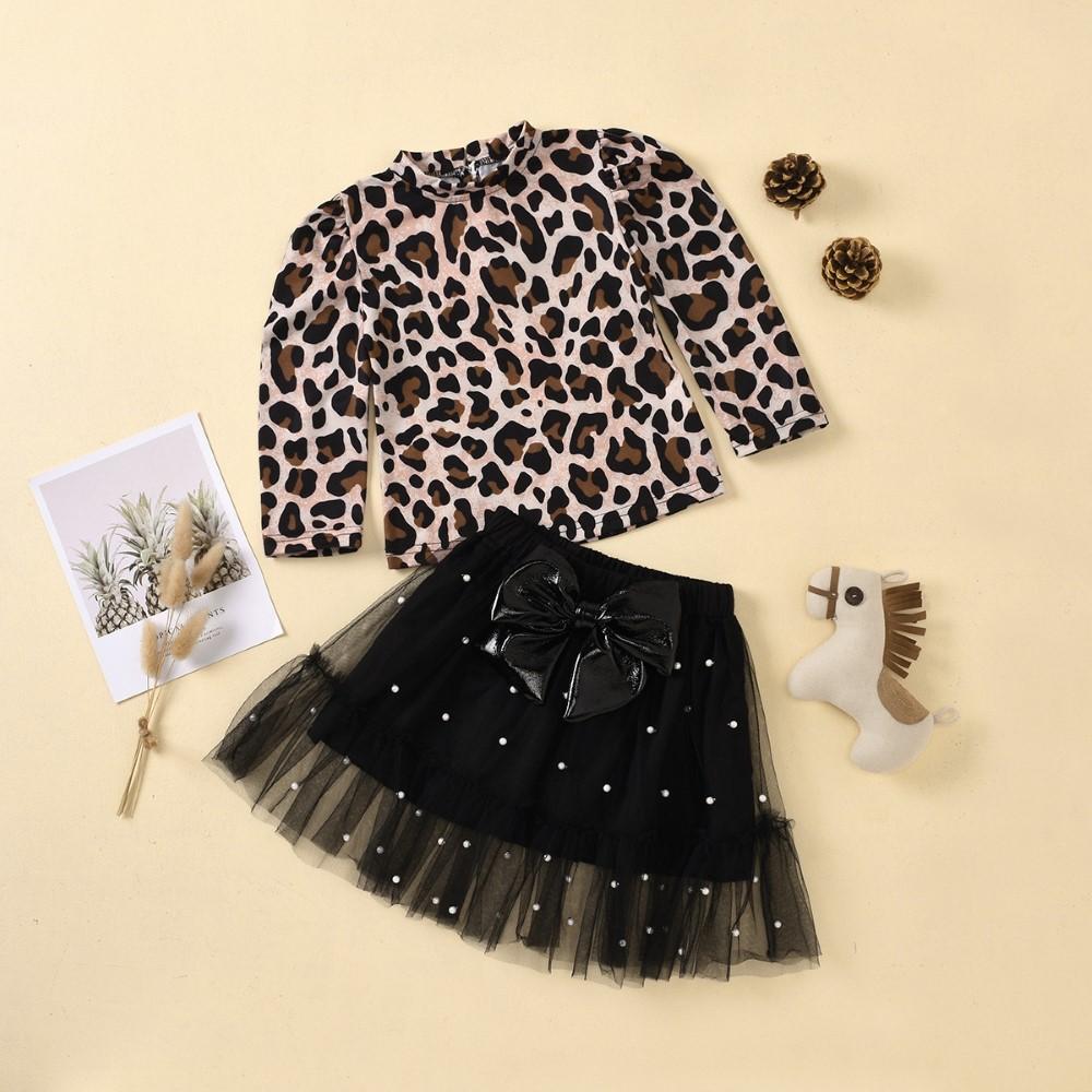 Girls Long Sleeve Leopard Printed Top & Skirts Girls Clothes Wholesale - PrettyKid
