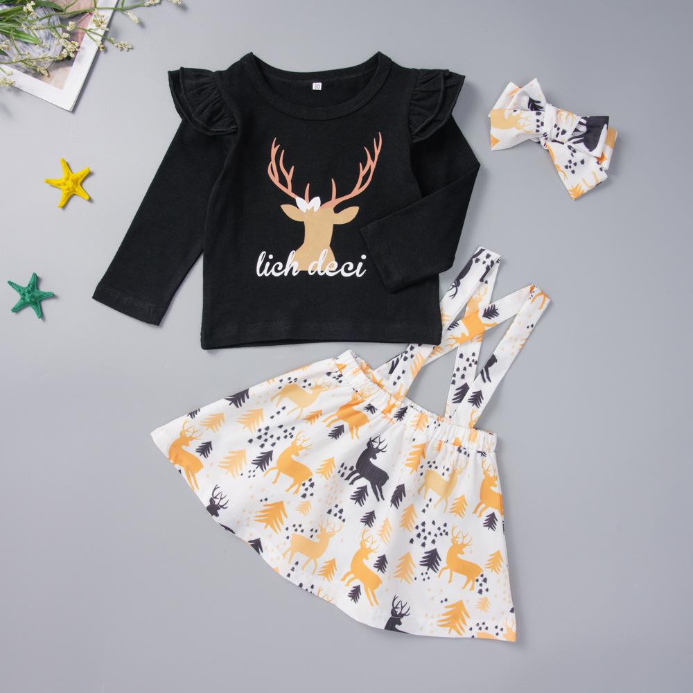 Girls Long Sleeve Printed Elk Tops&Overall Skirt Girls Wholesale Dresses - PrettyKid