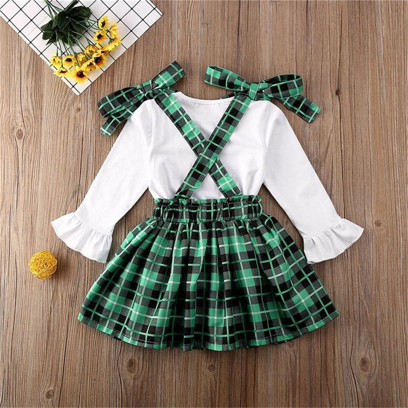 Girls Long Sleeve Printed Lucky Clover Top&Overall Skirt Girls Clothing Wholesalers - PrettyKid