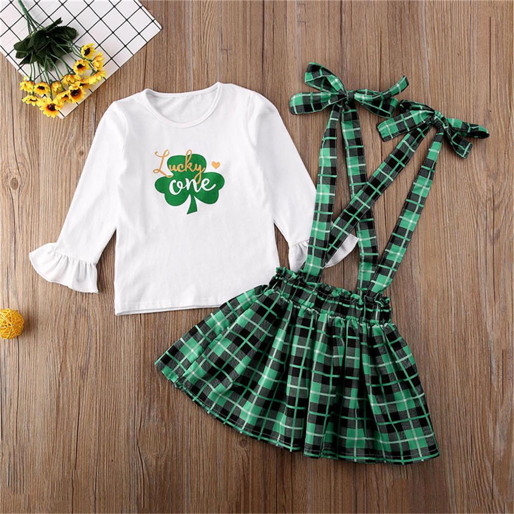 Girls Long Sleeve Printed Lucky Clover Top&Overall Skirt Girls Clothing Wholesalers - PrettyKid