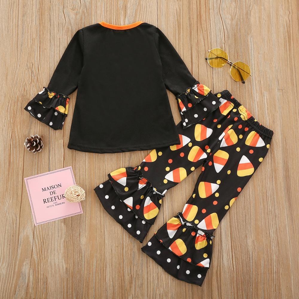 Girls Long Sleeve Printed Pumpkin Top&Flare Trousers Little Girl Outfits - PrettyKid