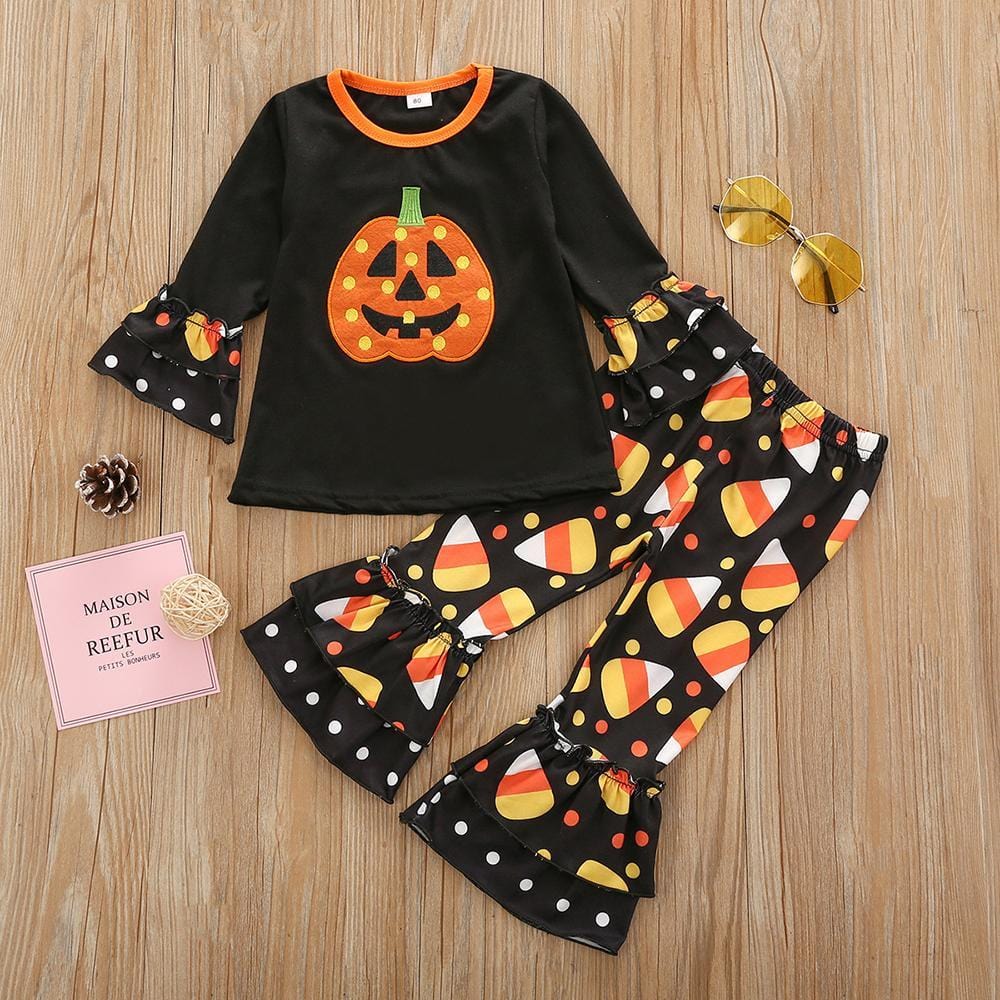 Girls Long Sleeve Printed Pumpkin Top&Flare Trousers Little Girl Outfits - PrettyKid