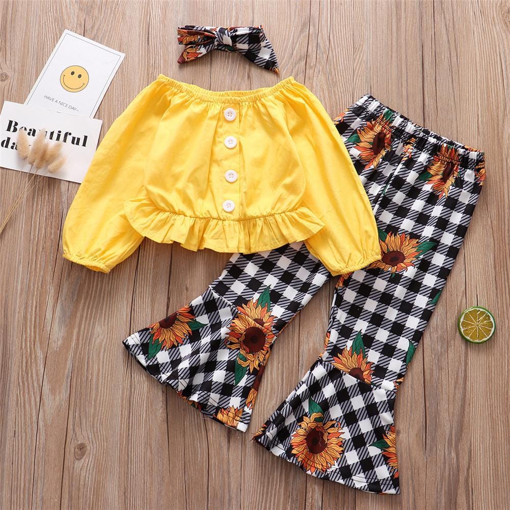 Girls Long Sleeve Solid Tops&Floral Flare Pants Wholesale Baby Girl Clothes - PrettyKid