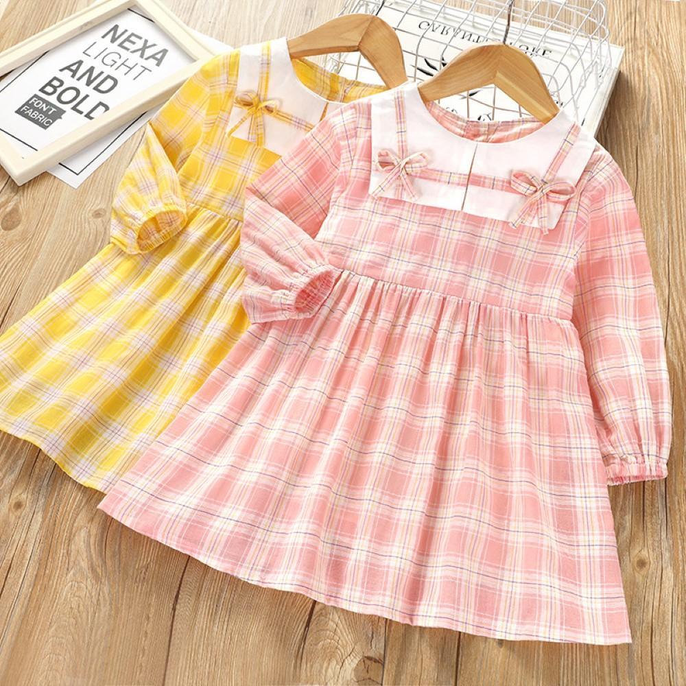 Girls Plaid Long Sleeve Dress Girls Dresses Wholesale - PrettyKid