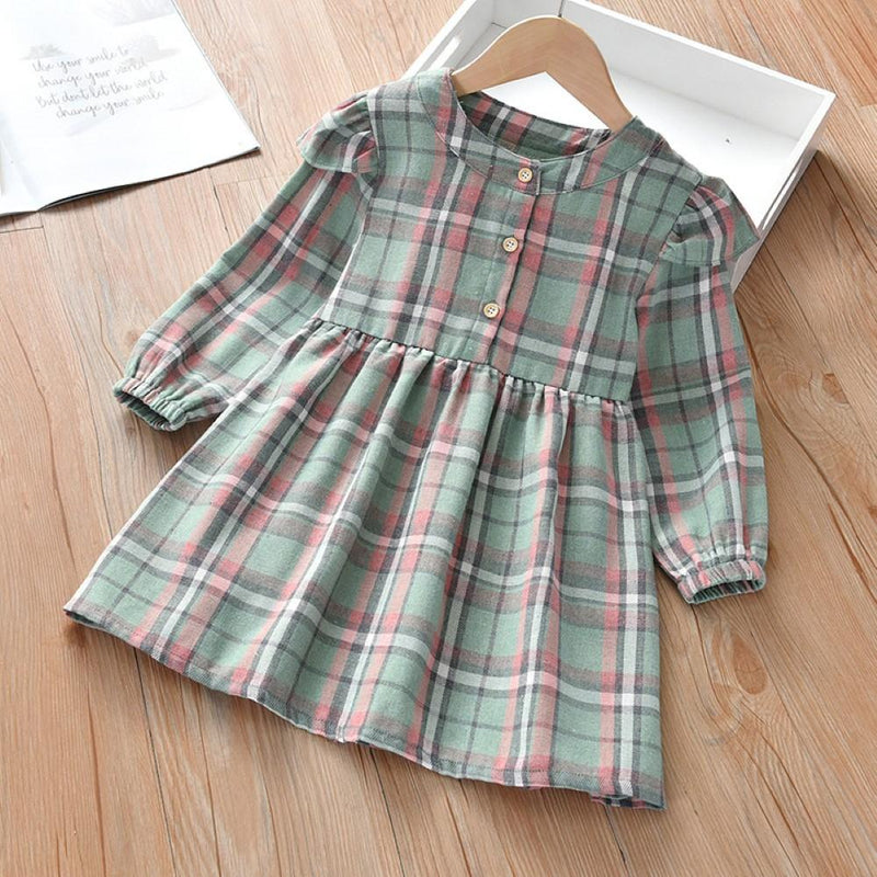 Girls Plaid Long Sleeve Dress Wholesale Little Girls Clothes - PrettyKid