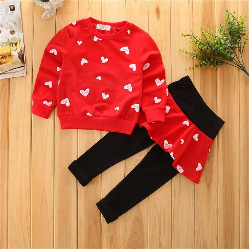 Girls Printed Heart Tops&Solid Pants Girls Wholesale Clothing - PrettyKid