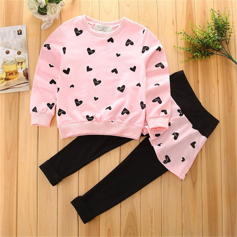 Girls Printed Heart Tops&Solid Pants Girls Wholesale Clothing - PrettyKid