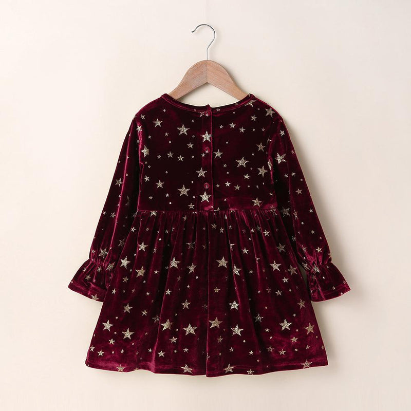 Girls Printed Star Long Sleeve Round Neck Dress Girls Clothing Wholesale - PrettyKid